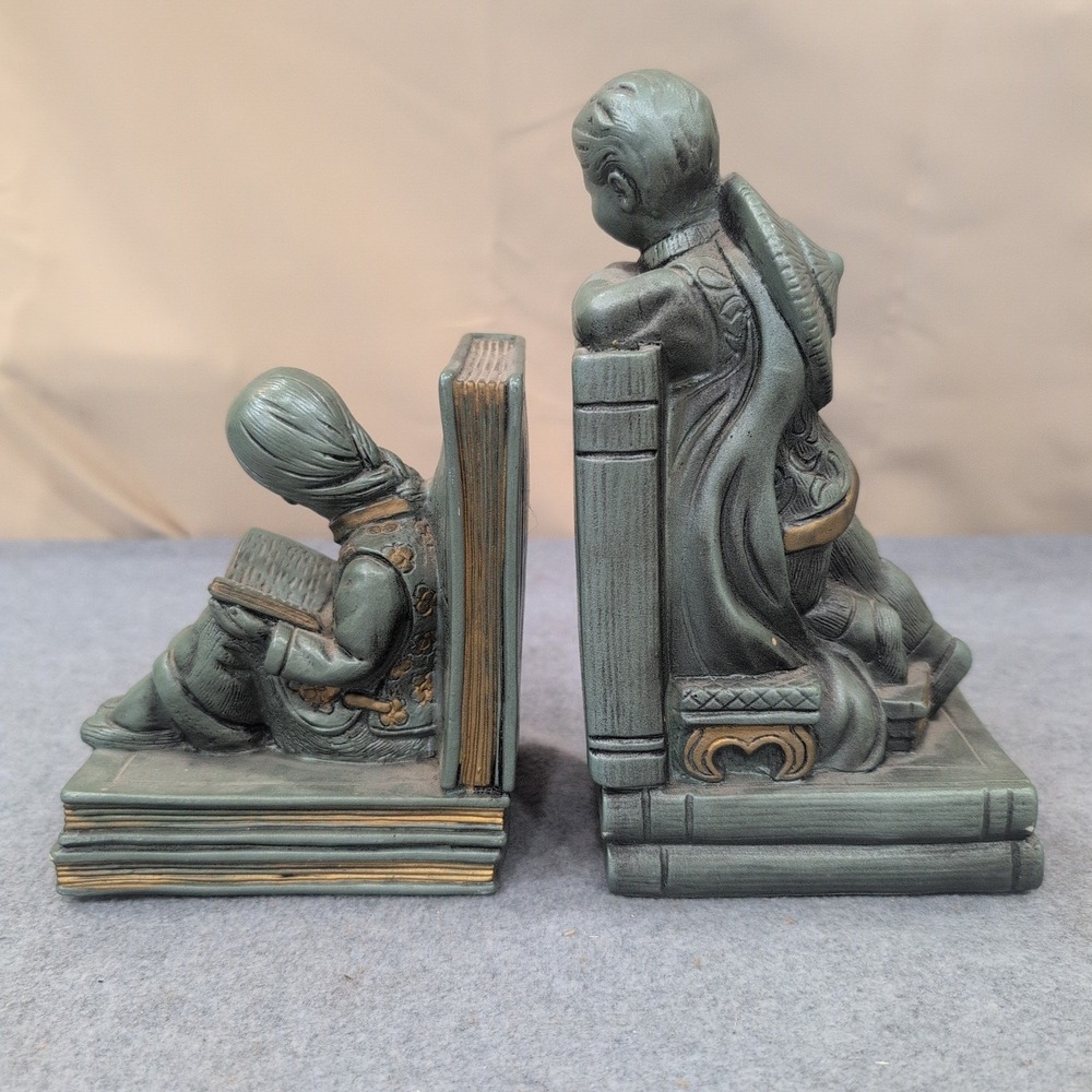 Vintage 1964 Universal Statuary Corp Asian Boy Girl Reading Bookends 927B Green - Picture 6 of 8